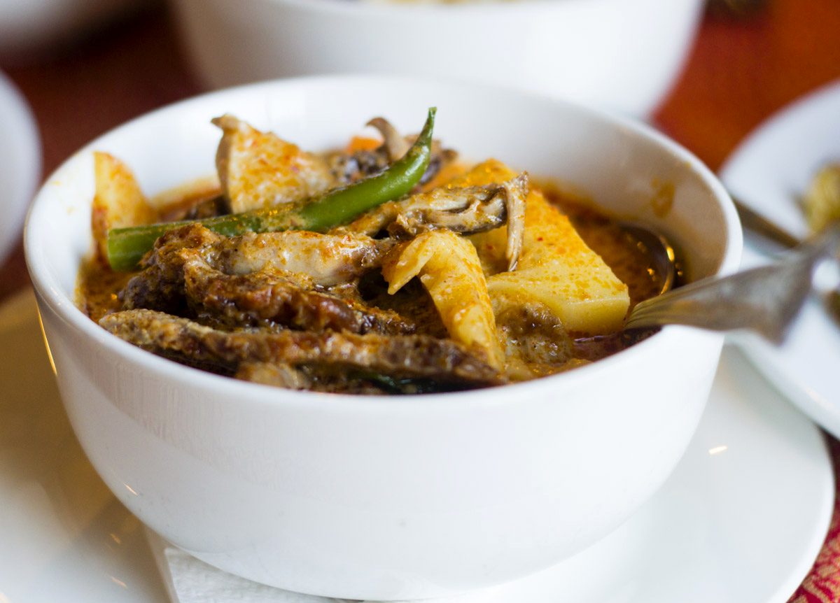 Roasted duck red curry with bamboo shoots and green chilli in a white bowl